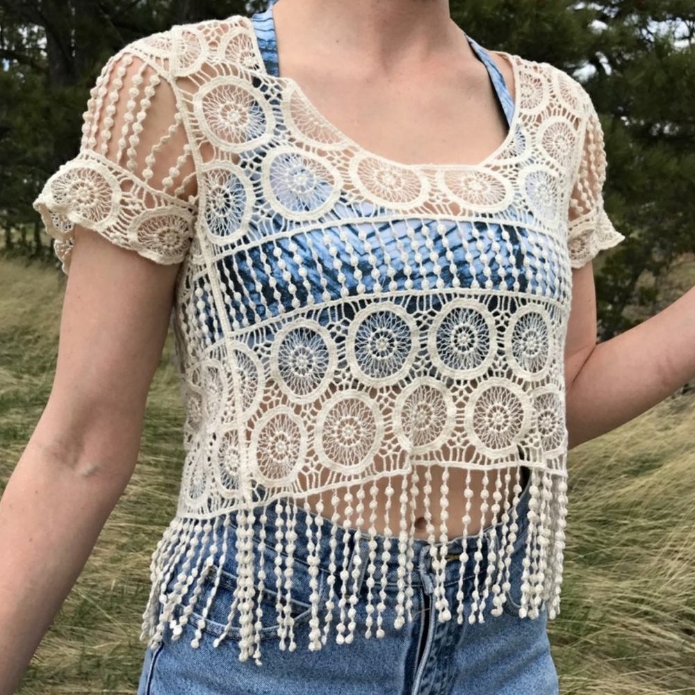 Anthropologie DULCIE Boho Sheer Crochet Top Black Cotton Fringe Hem Short Sleeve - Picture 15 of 16